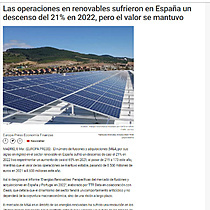 Las operaciones en renovables sufrieron en Espaa un descenso del 21% en 2022, pero el valor se mantuvo